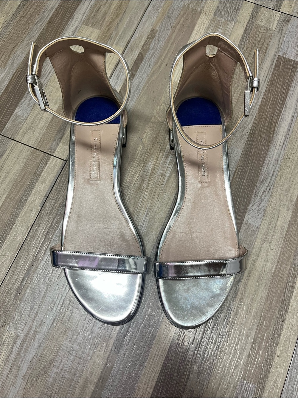 Stuart Weitzman Metallic Silver Ankle-Strap Sandals - Picture 2 of 6